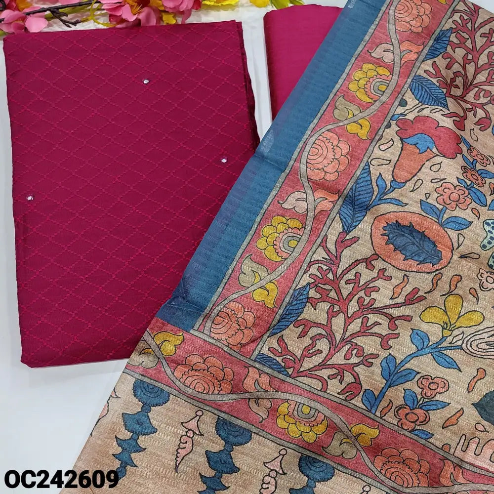 CODE OC242609: Bright rani pink jakard silk cotton unstitched salwar material self embroidered all over faux mirror