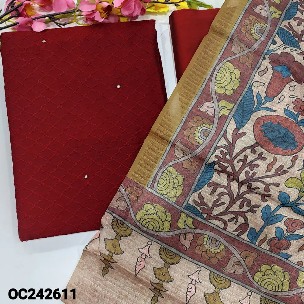 CODE OC242611: Maroon jakard silk cotton unstitched salwar material self embroidered all over faux mirror work