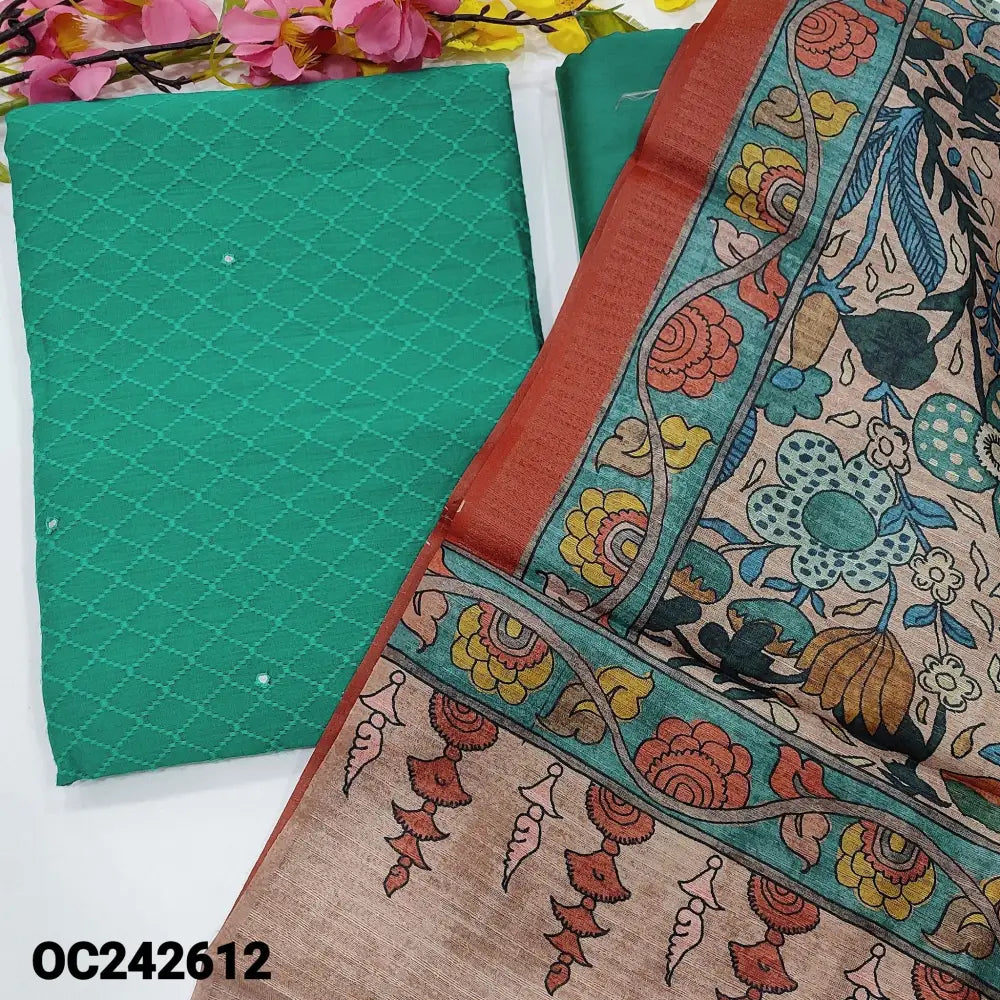 CODE OC242612: Turquoise blue jakard silk cotton unstitched salwar material self embroidered all over faux mirror work