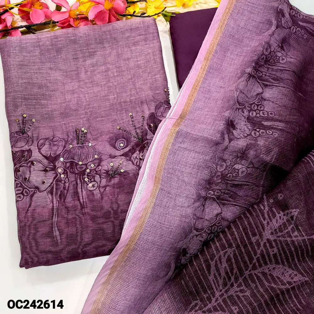 CODE OC242614: Dark purple digital printed fancy silk cotton unstitched salwar material bead& sequins work