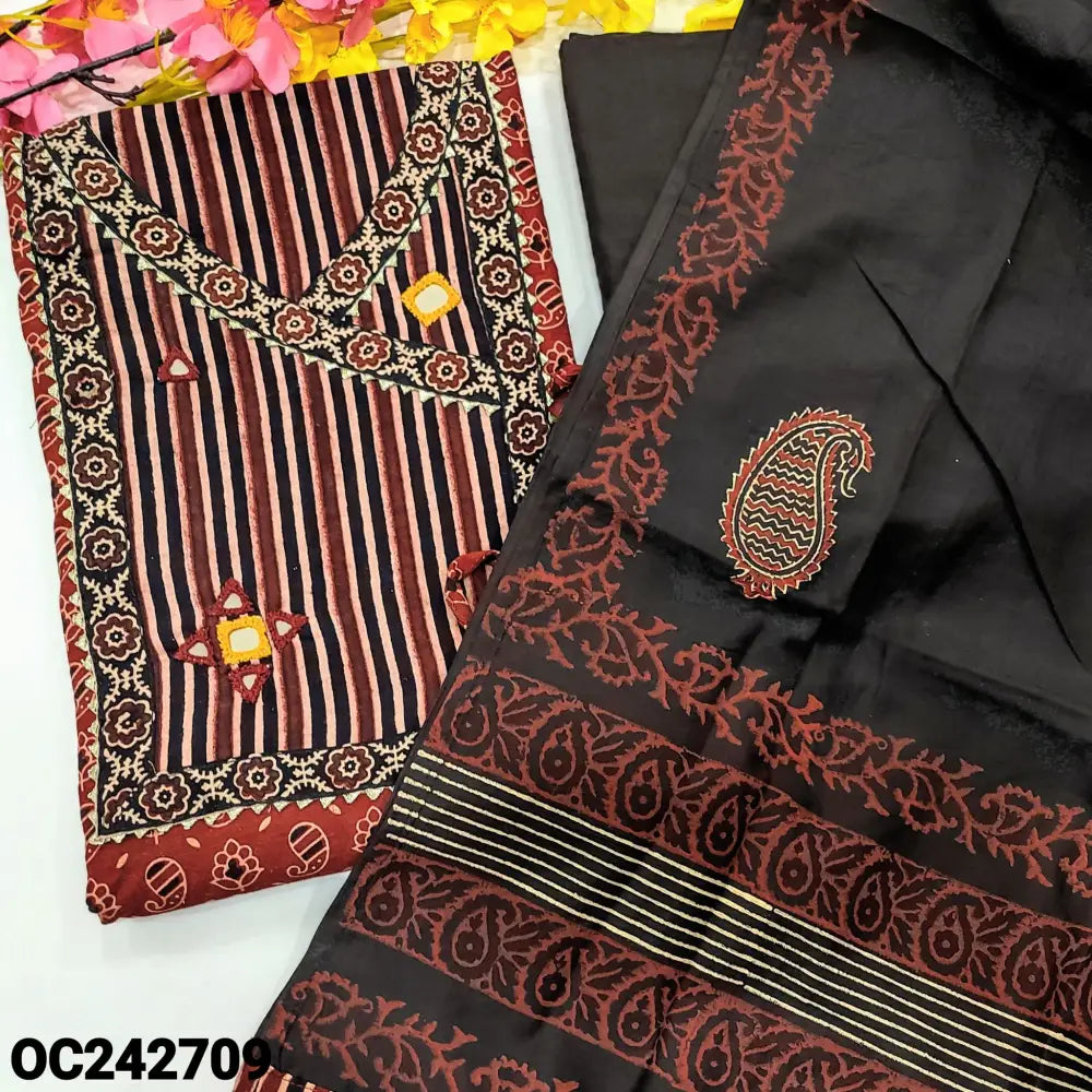 CODE OC242709: Maroon ajrak block printed pure cotton unstitched salwar material angraha neck with real mirror