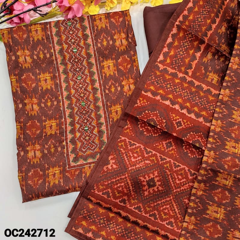 CODE OC242712: Dark maroon patola printed semi jute silk unstitched salwar material zari& real mirror work on yoke(thin