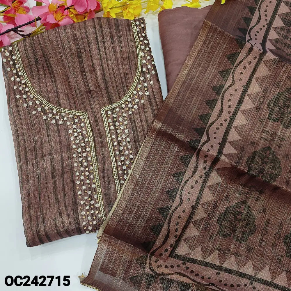 CODE OC242715: Light chocolate brown with golden tint tissue silk cotton unstitched salwar material rich bead& zardozi