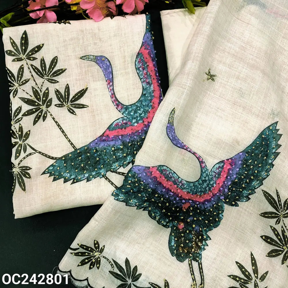 CODE OC242801: Beige premium linen unstitched salwar material hand work on yoke,rich bird &leafy printed with hand work
