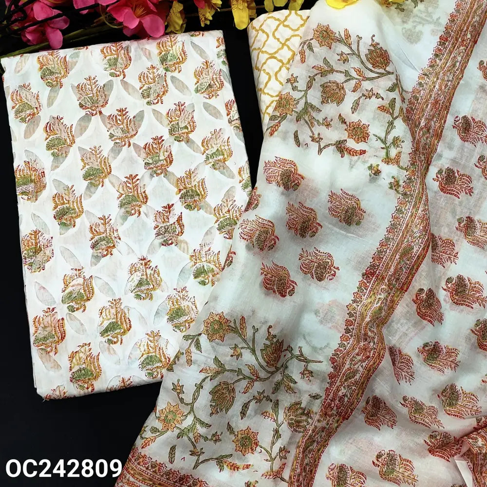 CODE OC242809: White base designer YELLOW block printed premium cotton unstitched salwar material(thin fabric lining