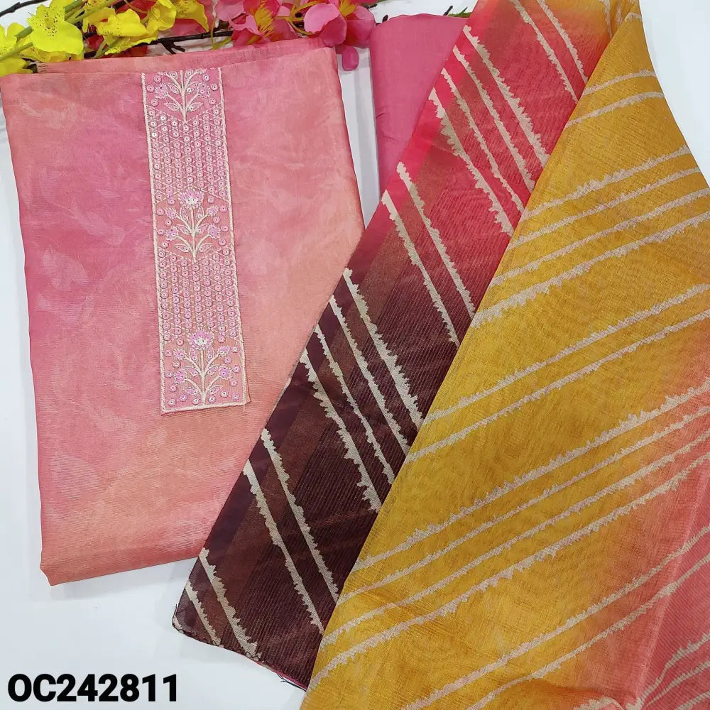 CODE OC242811: Pink with peach sobar printed tissue silk cotton unstitched salwar material embroidered &sequins work