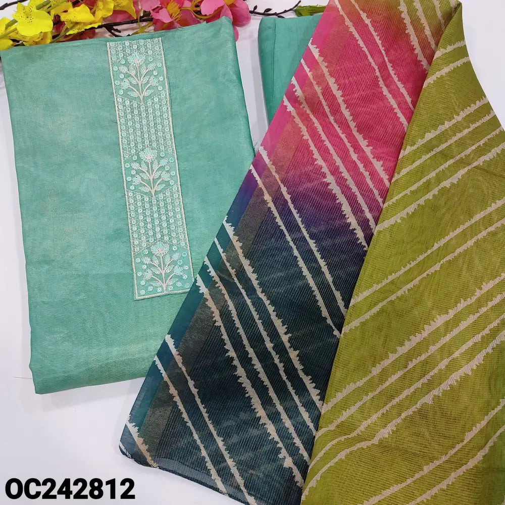 CODE OC242812: Turquoise green with yellow tint sobar printed tissue silk cotton unstitched salwar material embroidered