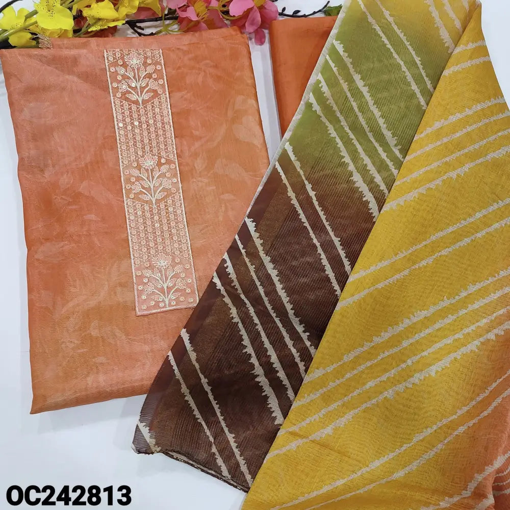 CODE OC242813: Light &dark shaded peach sobar printed tissue silk cotton unstitched salwar material embroidered