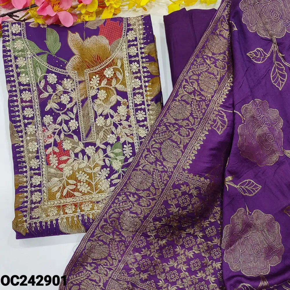 CODE OC242901: Violet floral printed premium silk cotton unstitched salwar material heavy zari& sequins work