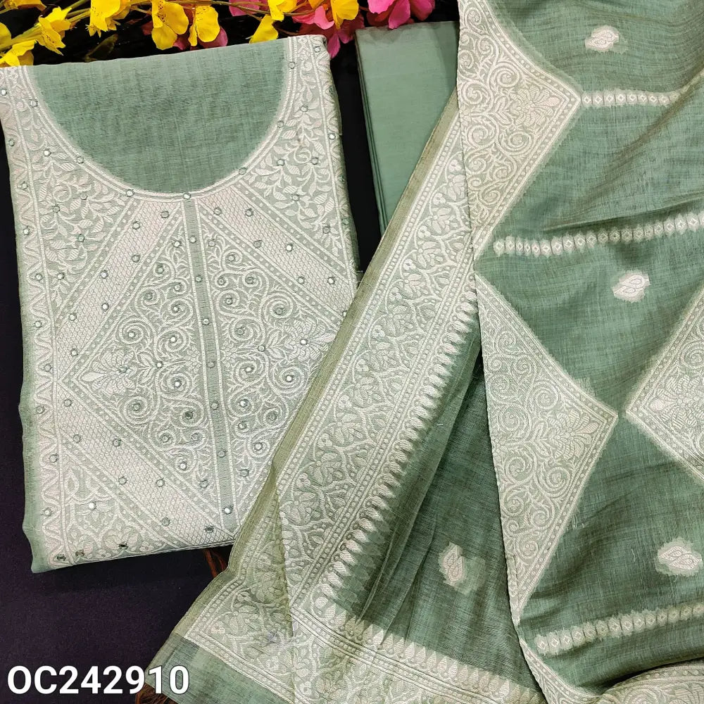 CODE OC242910: Pastel green jamdani woven premium silk cotton unstitched salwar material faux mirror work on yoke(thin