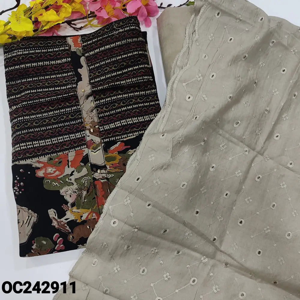 CODE OC242911: Black base abstract printed modal maslin unstitched salwar material fancy buttons & pintex work