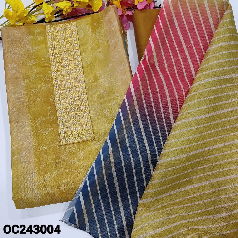 CODE OC243004: Light &dark shaded mehandhi yellow printed fancy tissue silk cotton unstitched salwar material thread&