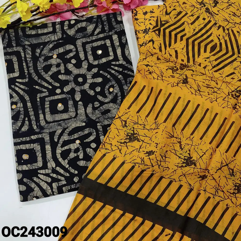 CODE OC243009: Black base original batik dyed pure cotton unstitched salwar material faux mirror work on front(lining
