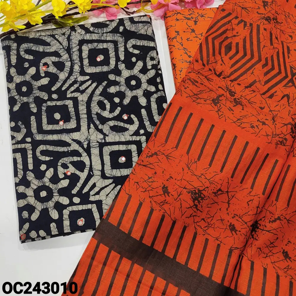 CODE OC243010: Black base original batik dyed pure cotton unstitched salwar material faux mirror work on front(lining