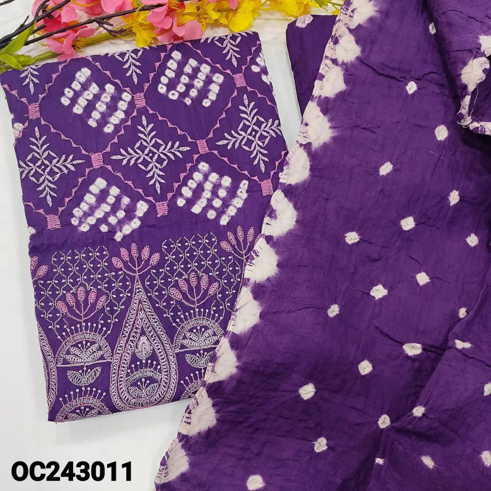 CODE OC243011: Dark purple pure cotton unstitched salwar material original bandhini work all over embroidered