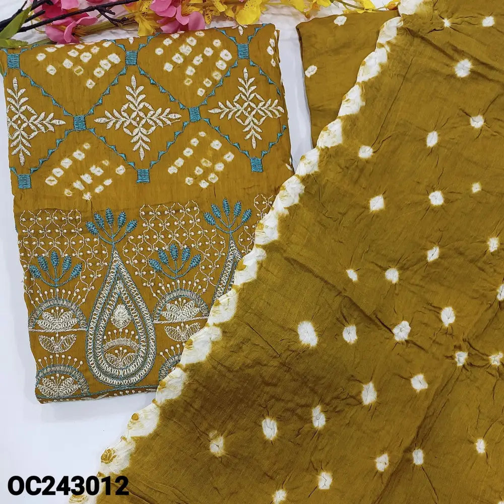 CODE OC243012: Mehandhi yellow pure cotton unstitched salwar material original bandhini work all over embroidered