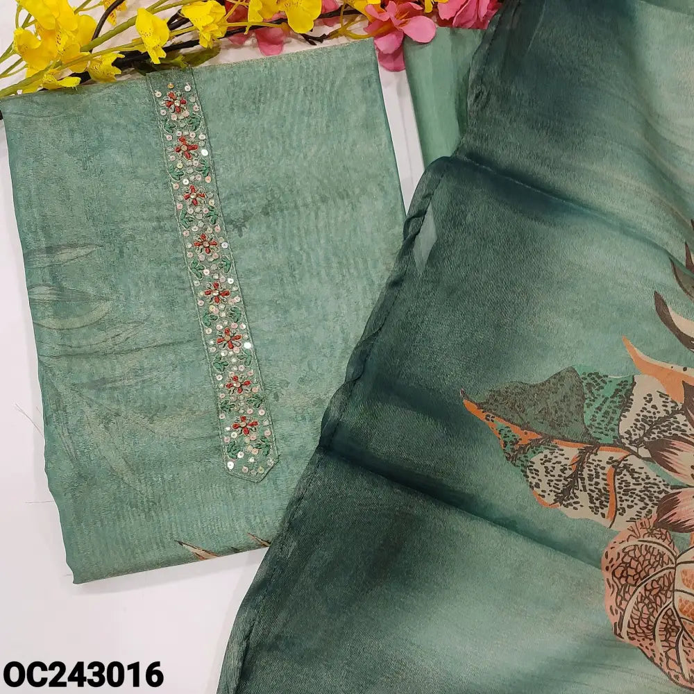 CODE OC243016: Pastel blue with golden tint digital printed tissue silk cotton unstitched salwar material thread&