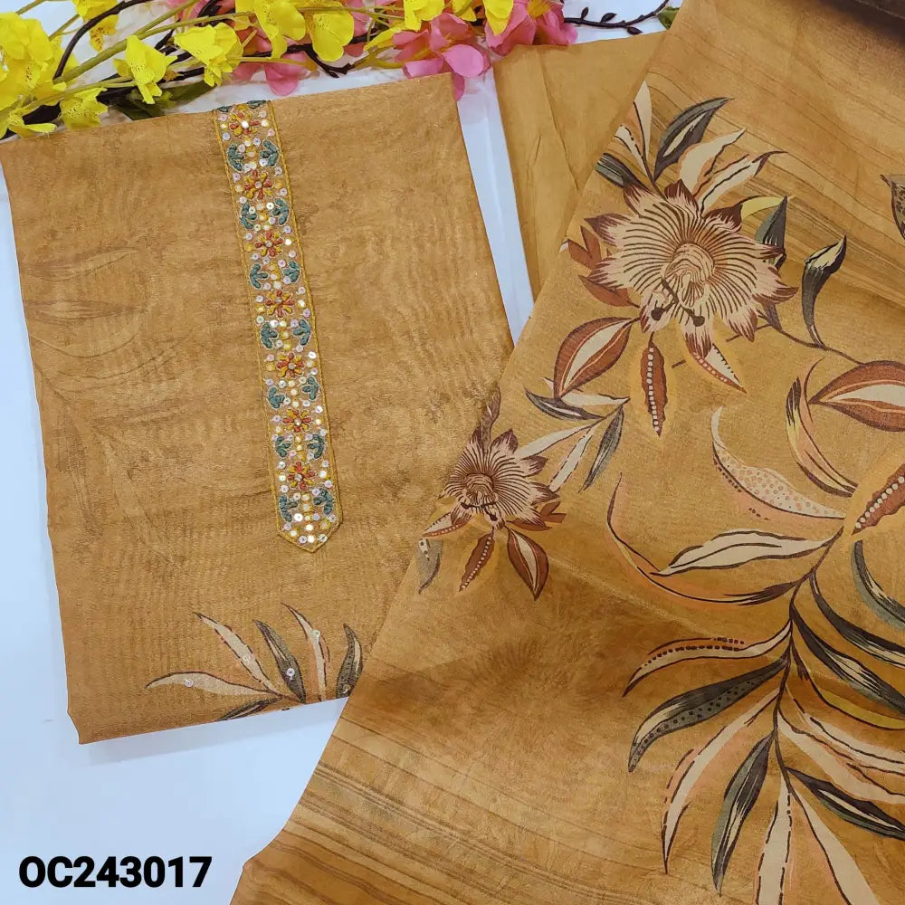 CODE OC243017: Mehandhi yellow with golden tint digital printed tissue silk cotton unstitched salwar material thread&