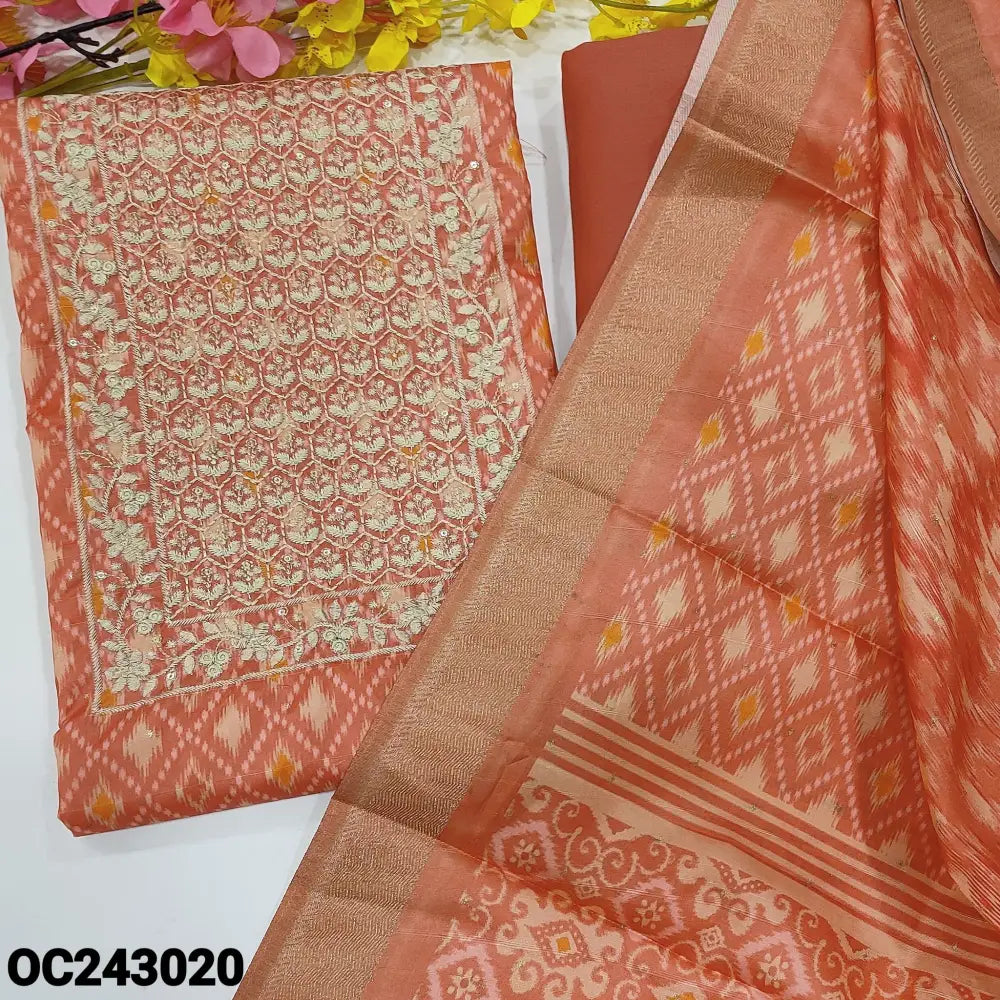 CODE OC243020: Peach patola printed semi gicha unstitched salwar material zari& sequins work on yoke self weaving