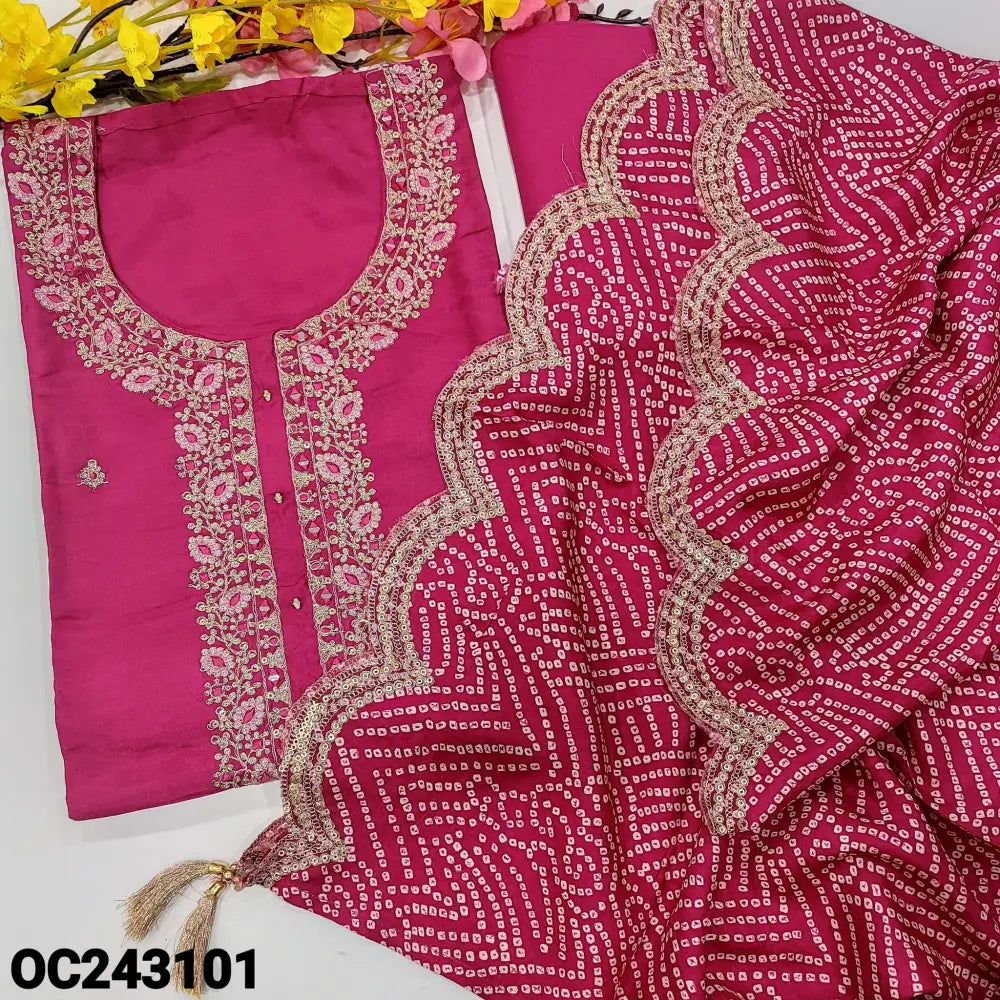 CODE OC243101: Bright pink yellow designer russian silk unstitched salwar material rich zari sequins& real mirror work