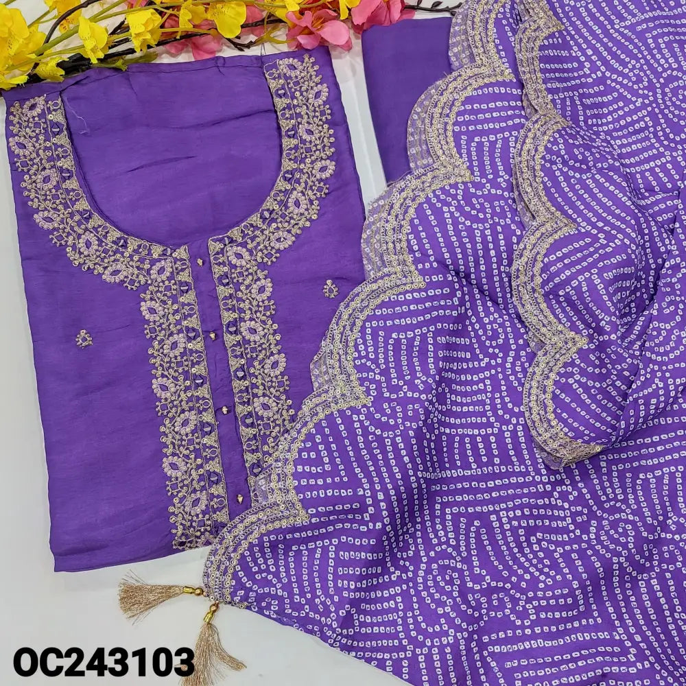 CODE OC243103: Bright purple designer russian silk unstitched salwar material rich zari sequins& real mirror work