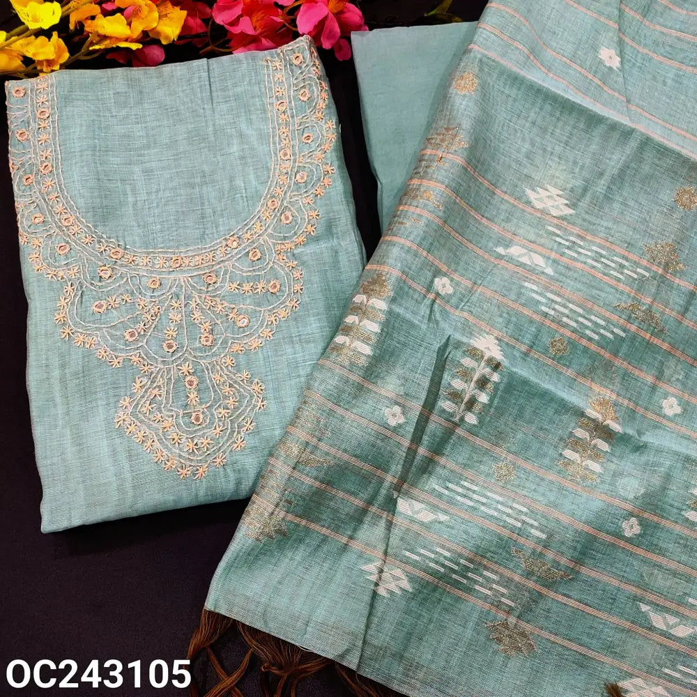 CODE OC243105: Pastel blue premium silk cotton unstitched salwar material hand embroidered& real mirror work