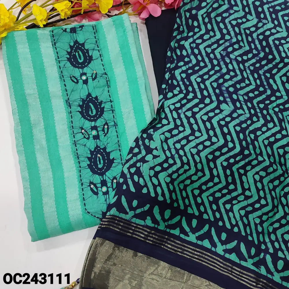CODE OC243111: Pastel blue kantha cotton unstitched salwar material batik& faux mirror work on yoke(lining