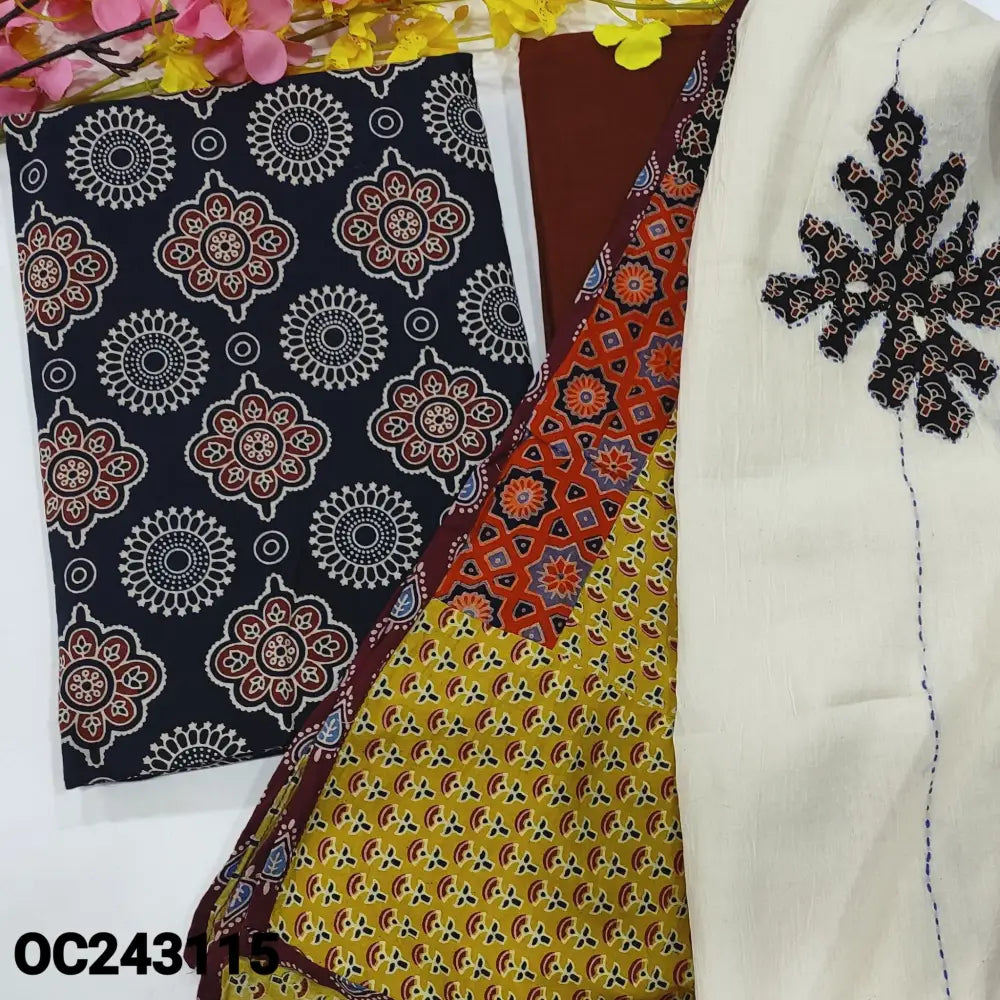 CODE OC243115: Black ajrak block printed premium soft cotton unstitched salwar material(lining optional)maroon pure