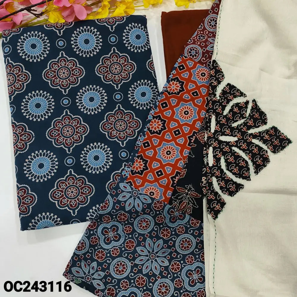CODE OC243116: Dark blue ajrak block printed premium soft cotton unstitched salwar material(lining optional)maroon pure