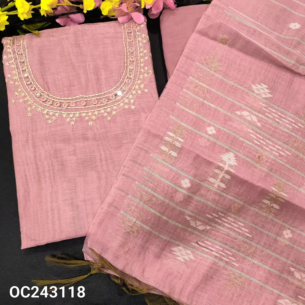CODE OC243118: Pastel pink premium silk cotton unstitched salwar material hand embroidered& real mirror work