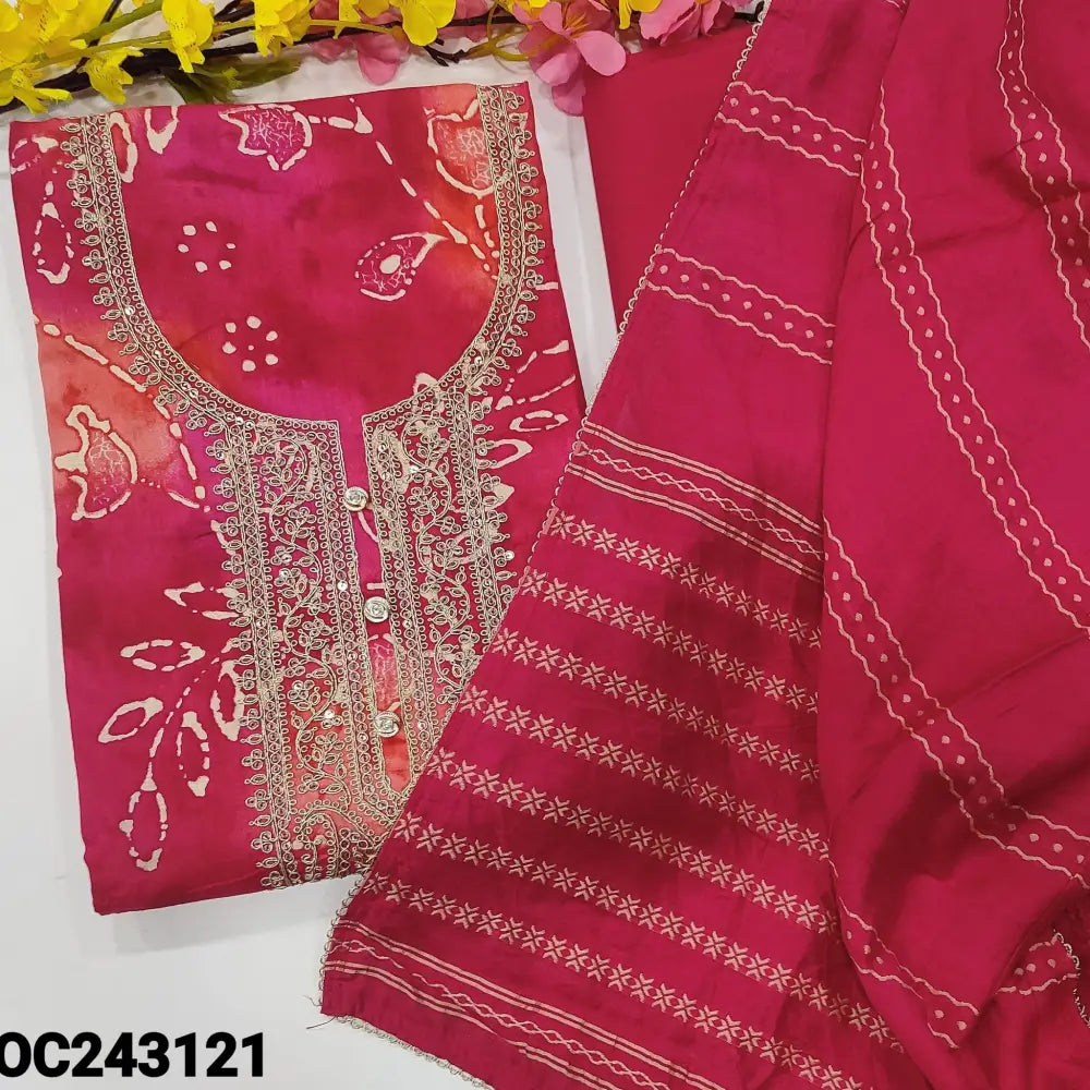 CODE OC243121: Dark& light shaded pink printed jam cotton unstitched salwar material zari sequins& fancy buttons