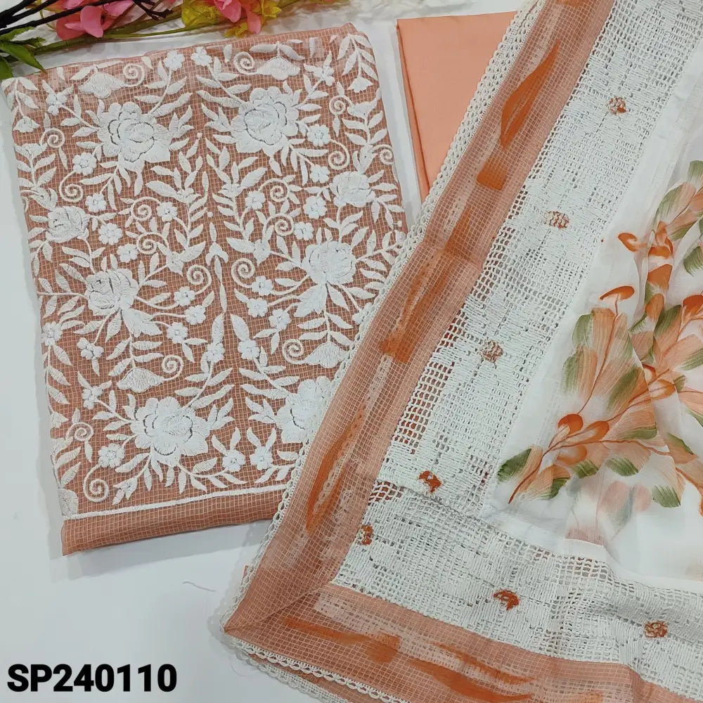 CODE SP240110: Pastel peach fancy super net unstitched salwar material embroidered on yoke(netted fabric lining