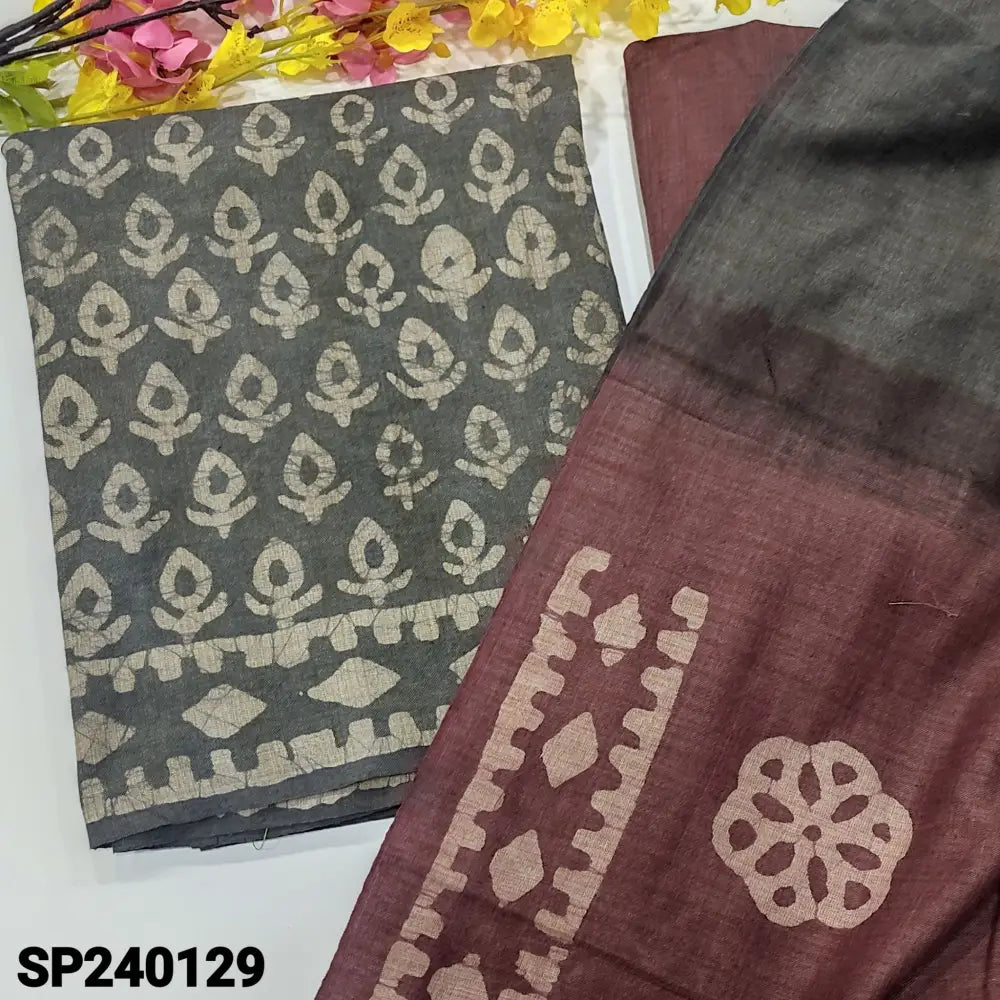 CODE SP240129: Grey bagalpuri jute silk cotton unstitched salwar material original wax batik all over(lining
