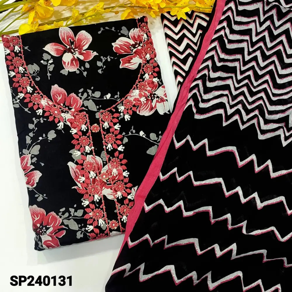 CODE SP240131: Black floral printed soft cotton unstitched salwar material embroidered on yoke(lining optional)zig zag