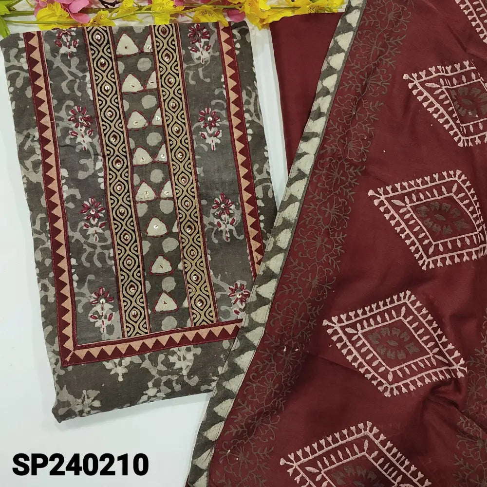 CODE SP240210: Grey bagru block printed premium cotton unstitched salwar material hand work on yoke(lining