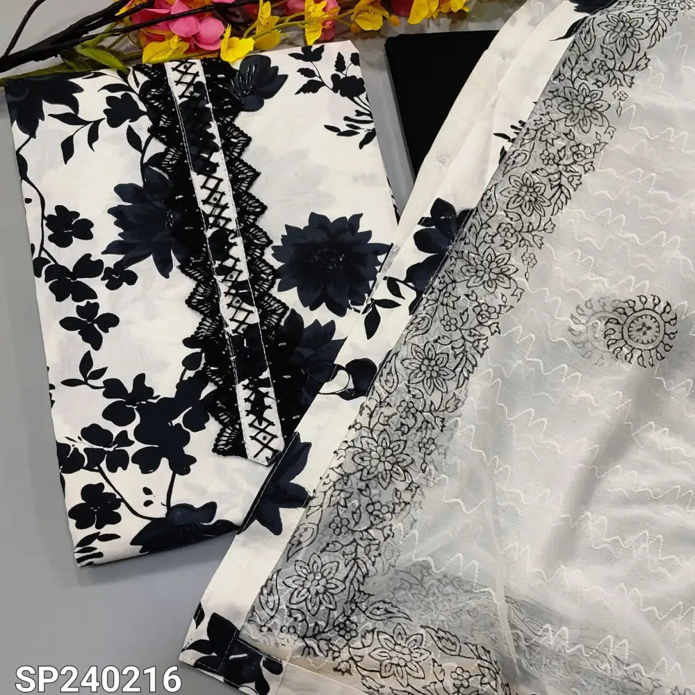 CODE SP240216: White base black floral printed pure soft cotton unstitched salwar material lace work on yoke(lining