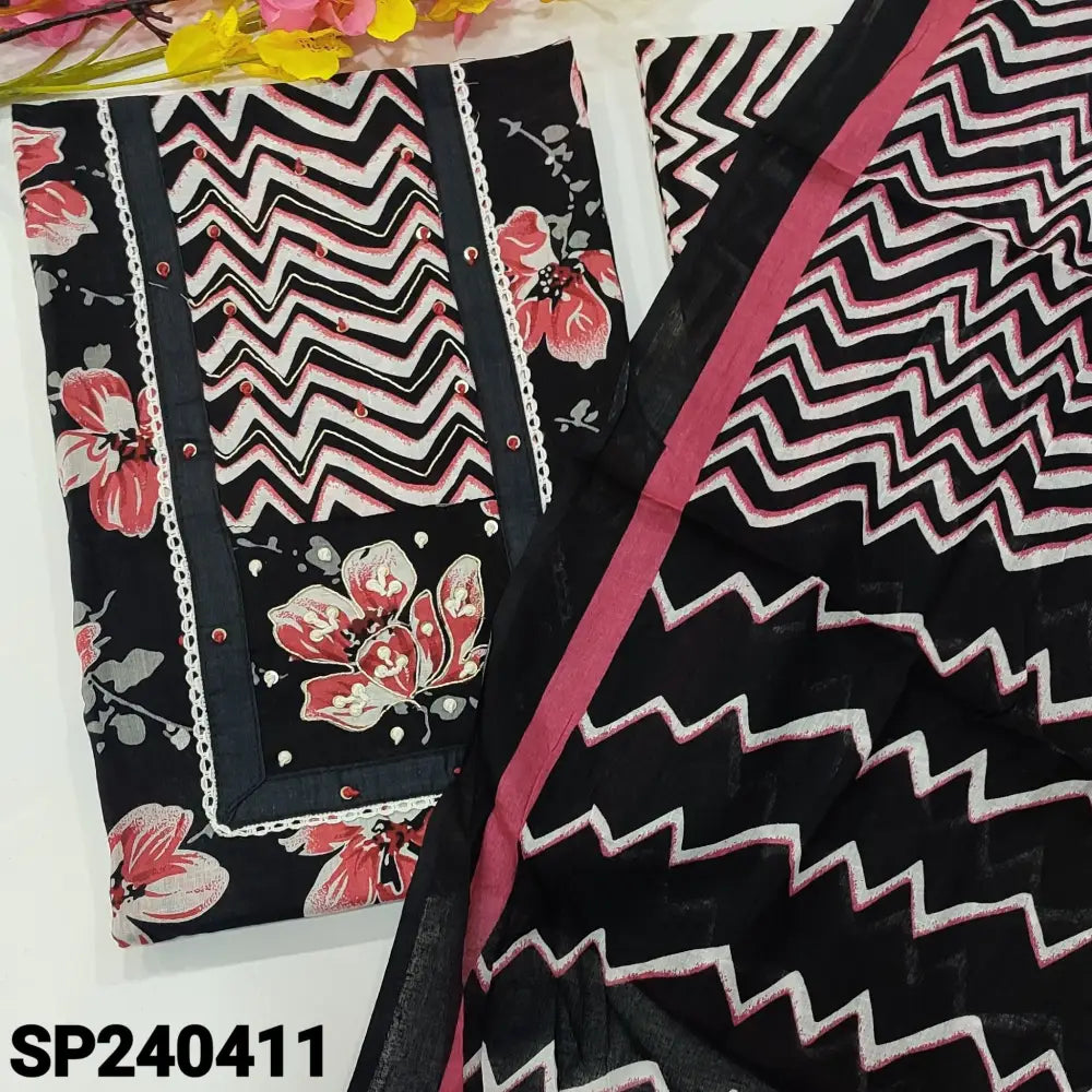 CODE SP240411: Black floral printed soft cotton unstitched salwar material thread sequins& lace work on york(lining