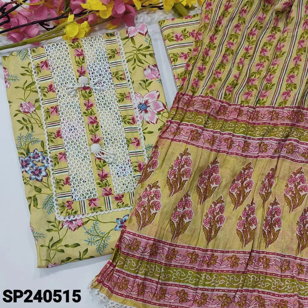 CODE SP240515: Pastel yellow floral printed soft cotton unstitched salwar material lace & fancy buttons on yoke(lining
