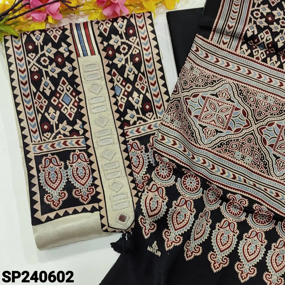 CODE SP240602: Beige designer premium gajji silk unstitched salwar material real mirror& ajrak printed on yoke(lining
