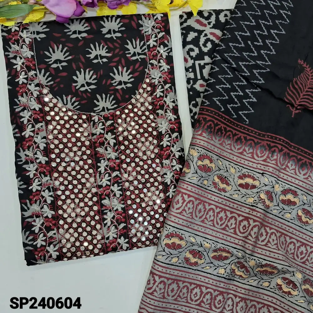 CODE SP240604: Black printed pure cotton unstitched salwar material faux mirror& thread embroidered on yoke(lining