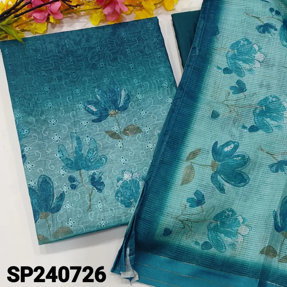 CODE SP240726: Teal blue with light blue silk cotton unstitched salwar material schiffli embroidered on front(lining