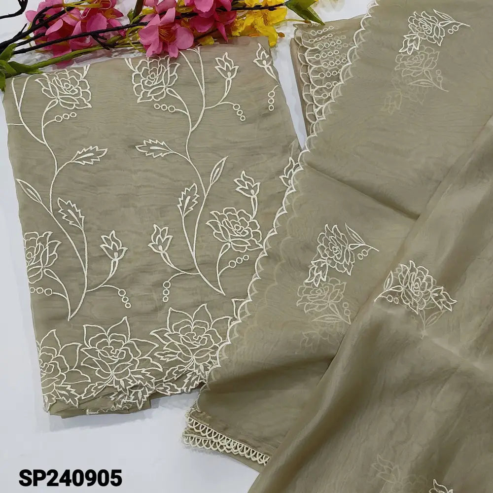 CODE SP240905: Greyish beige embroidered organza unstitched salwar material(thin fabric lining needed)cut work edges