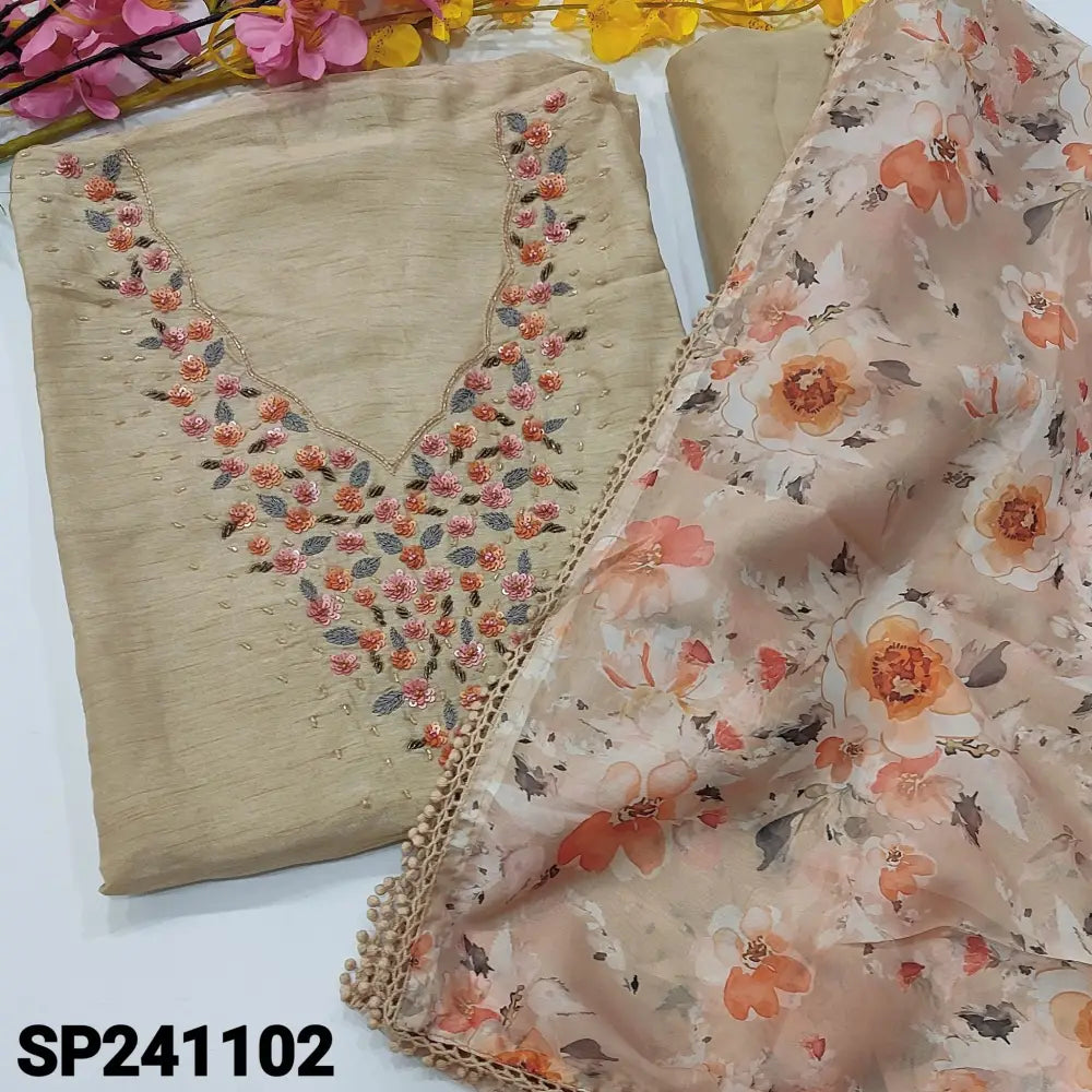 CODE SP241102: Rich beige premium jakard silk unstitched salwar material v neck with cut bead& sequins work(thin fabric