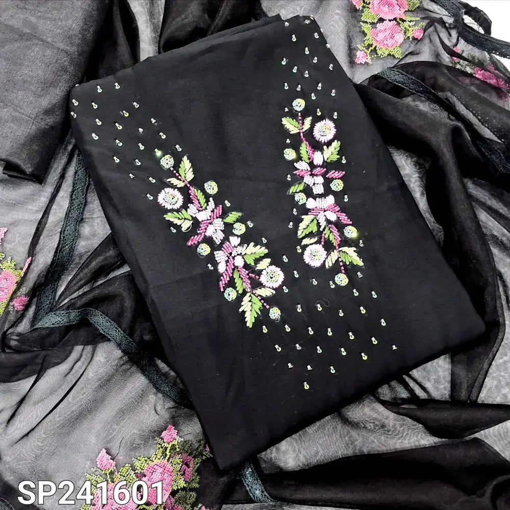 CODE SP241601: Black silk cotton unstitched salwar material bead& sequins work on yoke(lining optional)matching silky