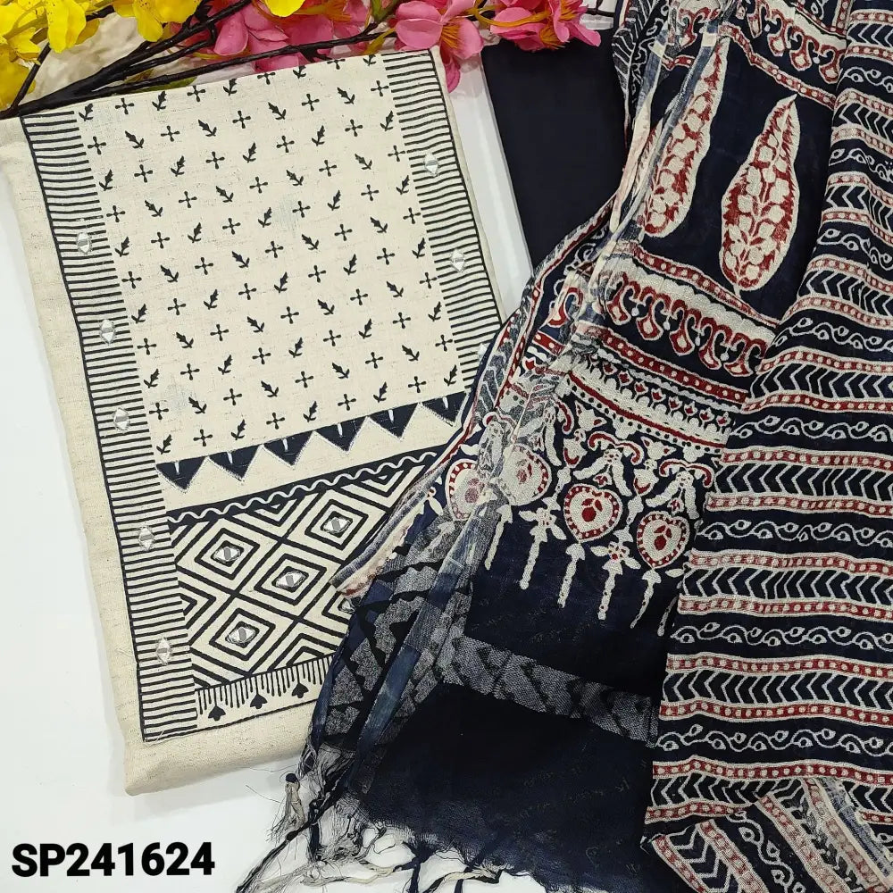CODE SP241624: Half white base jute flex cotton unstitched salwar material block printed& real mirror work
