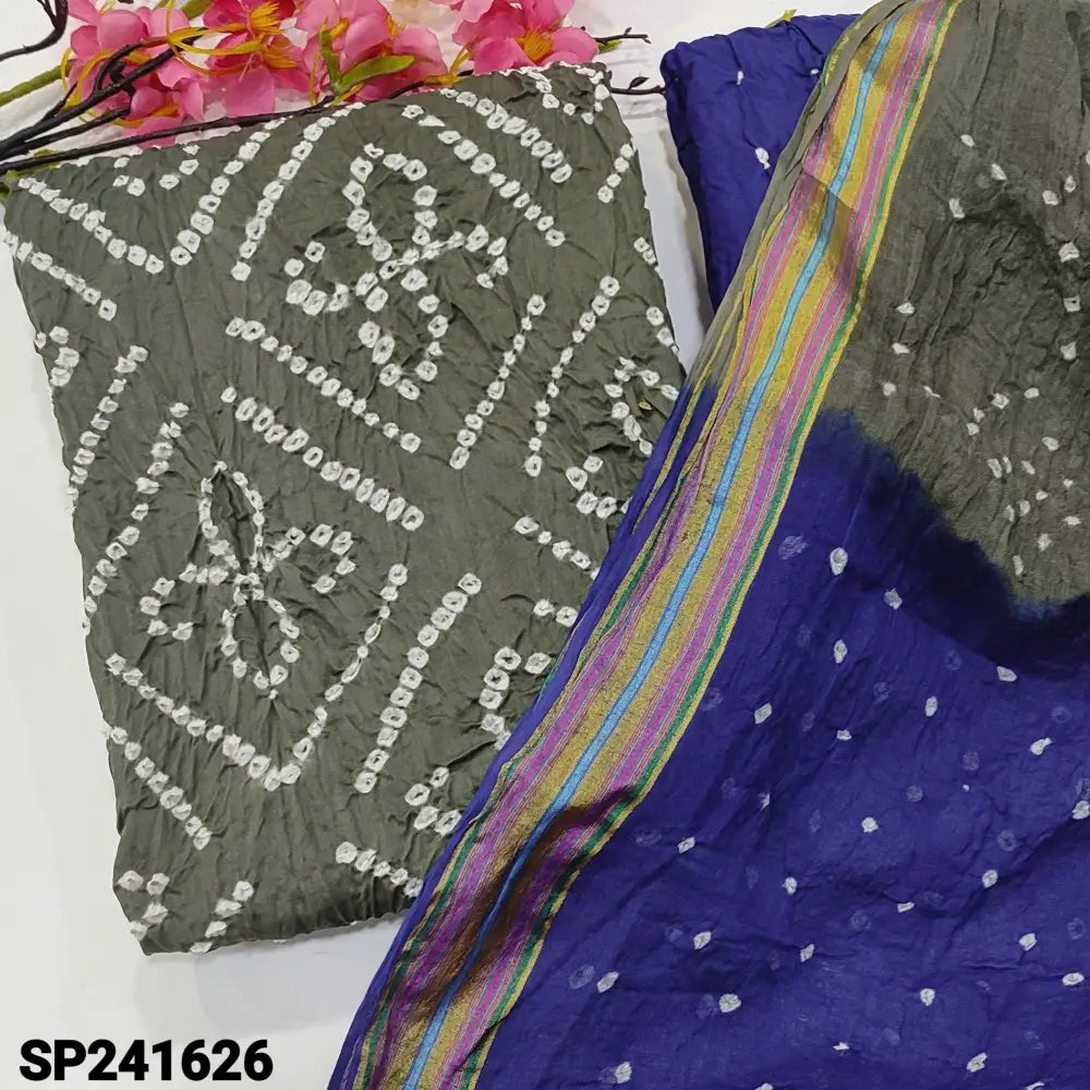 CODE SP241626: Grey pure cotton unstitched salwar material original bandhani work all over (lining needed)ink blue