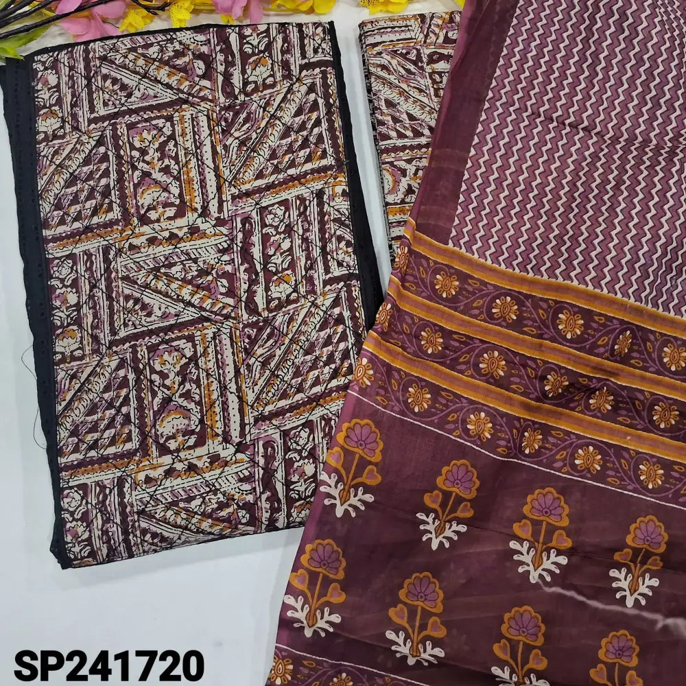 CODE SP241720: Black schiffli embroidered premium cotton unstitched salwar material printed yoke with stitch