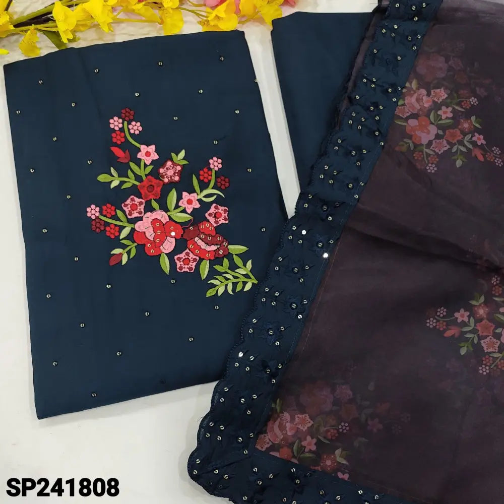CODE SP241808: Dark blue fancy soft silk cotton unstitched salwar material floral embroidered on yoke sequins work