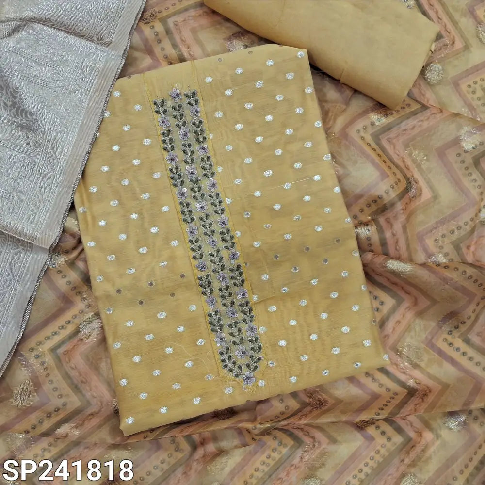 CODE SP241818: Sandal yellow silk cotton unstitched salwar material thread& sequins work on yoke zari buttas