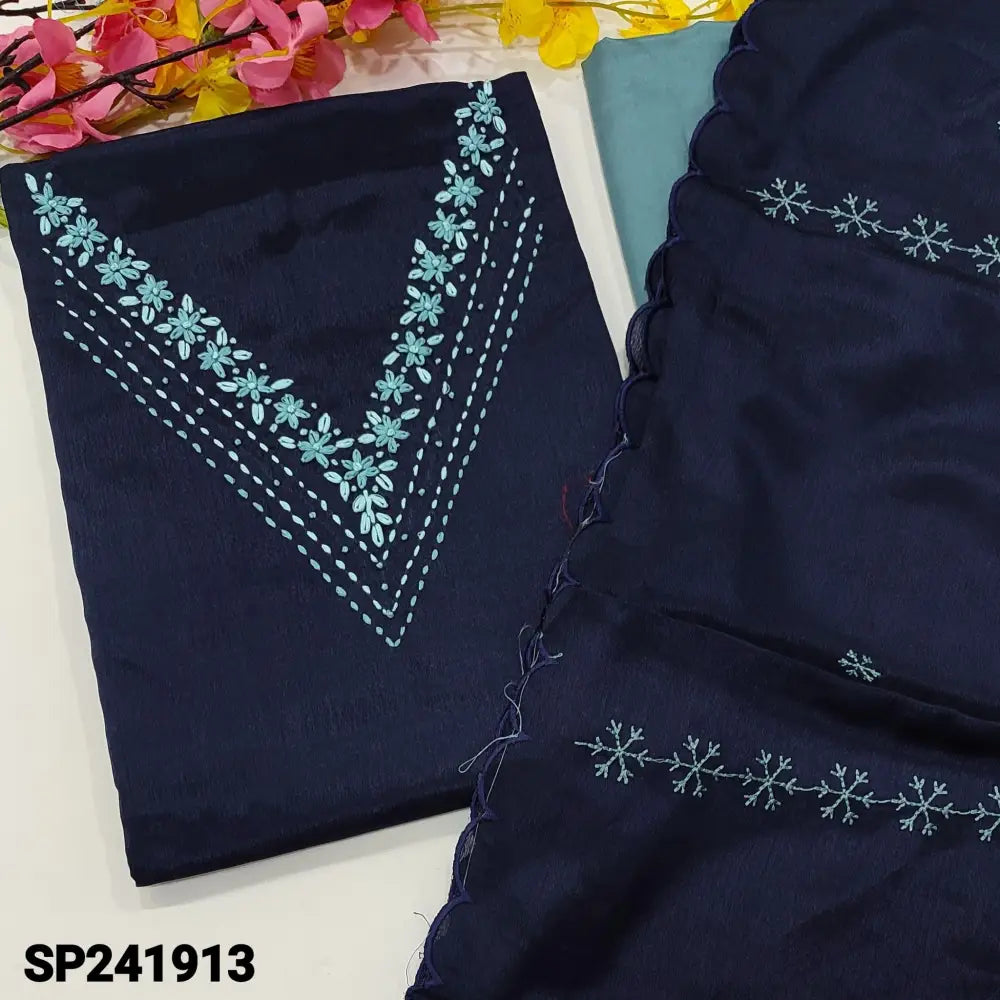 CODE SP241913: Dark blue fancy crinkled silk unstitched salwar material v neck with embroidered(thin fabric lining